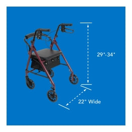 The ProBasics Junior Rollator on a blue background with dimensions: 29” -34” height, 22” wide