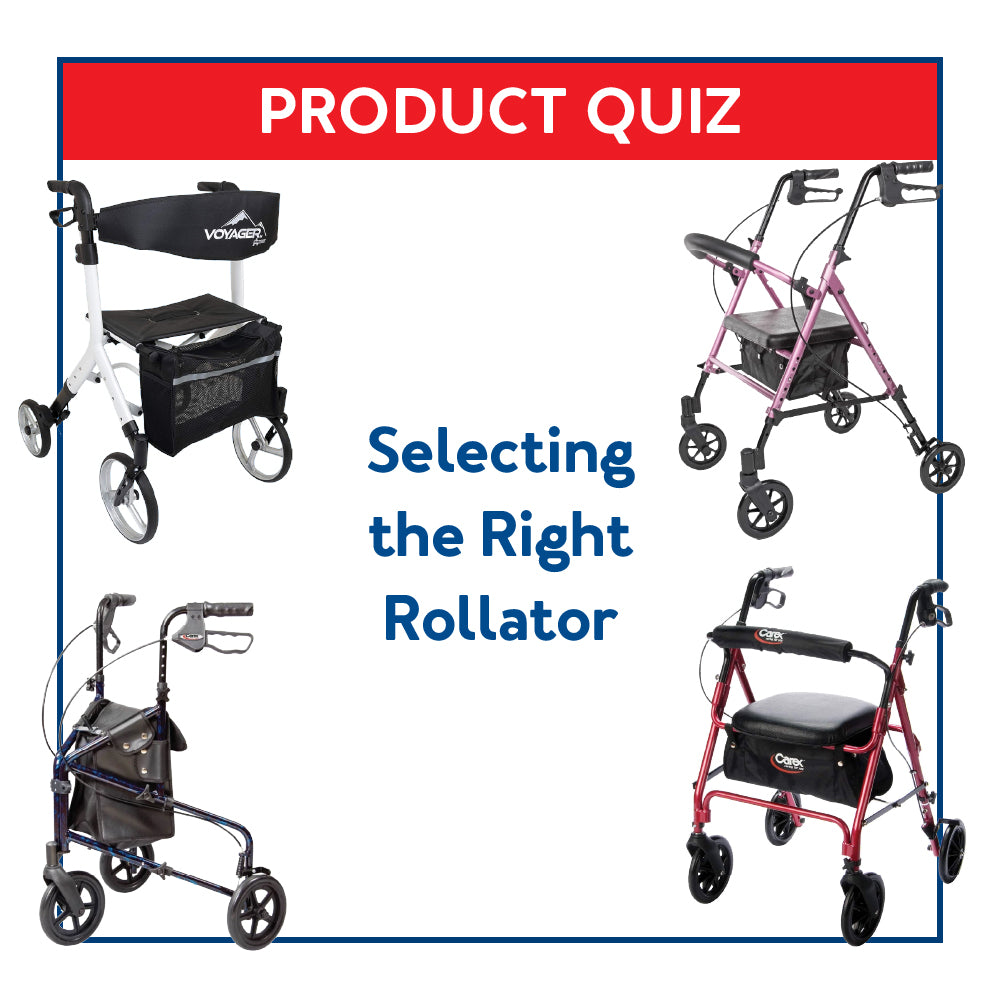 Various rollators surrounded by a blue border with text “Product Quiz: Selecting the Right Rollator”