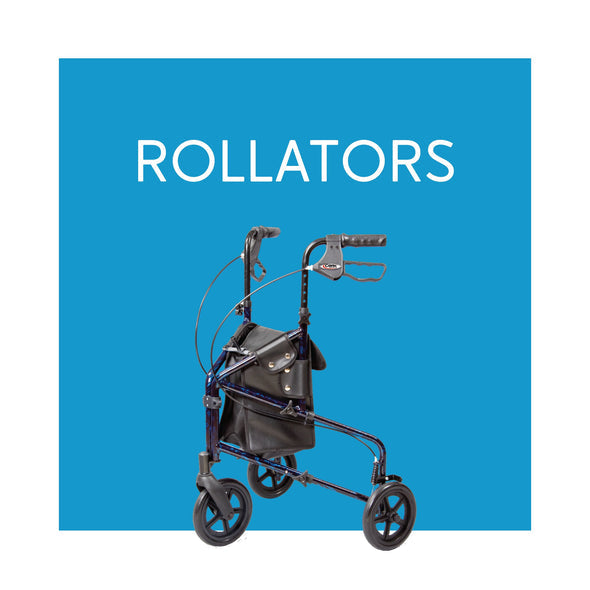 A blue background with white text Rollators