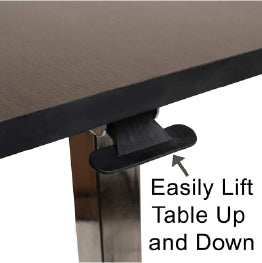 A close up of the Roscoe Overbed Table’s lever. Text, Easily lift table up and down