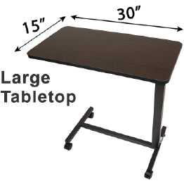 The Roscoe Overbed Table surrounded by dimensions of the top: 30” x 15”. Text, “Large tabletop”