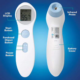 Roscoe Touchless Forehead Thermometer on blue background. LCD display, buttons, infrared probe, battery cover