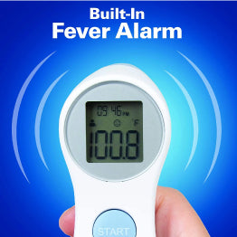 The Roscoe Touchless Forehead Thermometer on a blue background. Text, “Built-on fever alarm