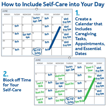 How to Include Self-Care into Your Day: 1. Create a calendar that includes caregiving tasks, appointments, and essential dates. 2. Block off time for your self-care