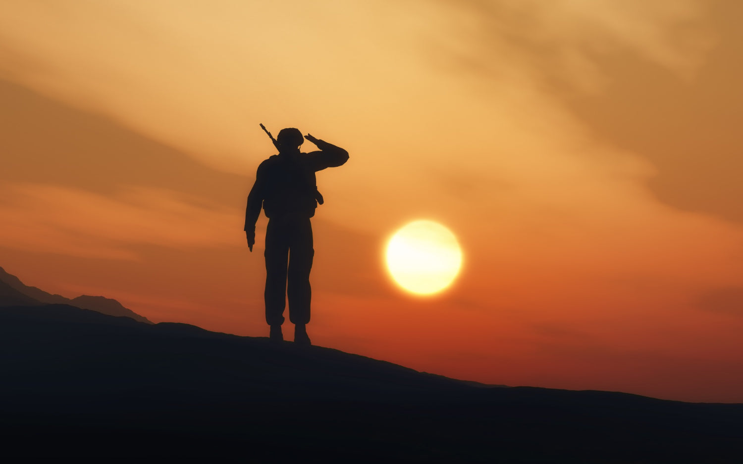 A soldier saluting in front of a sun