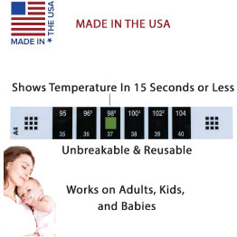 Made in USA LCD Thermometer: Quick, unbreakable, reusable. For adults, kids, babies. Woman holding baby