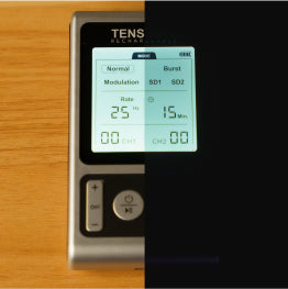 A collage showing the TENS 7000 Rechargeable TENS Unit screen lit up in a light and dark setting 