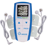 A blue and white TENS unit with its electrodes and lead wires