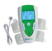 A green and white TENS unit with its electrodes and lead wire