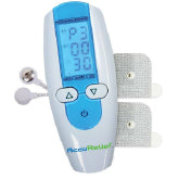  A blue and white TENS unit with its electrodes