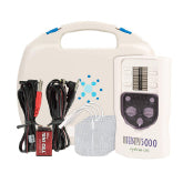 A white TENS unit with its electrodes, lead wires, battery, and carrying case