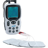 A white TENS unit with electrodes