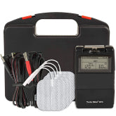 A black TENS unit with a case and accessories