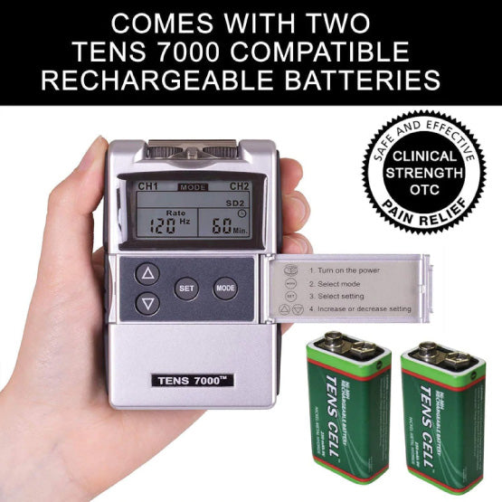 The TENS 7000 next to two batteries. Text, Comes with two TENS 7000 compatible rechargeable batteries