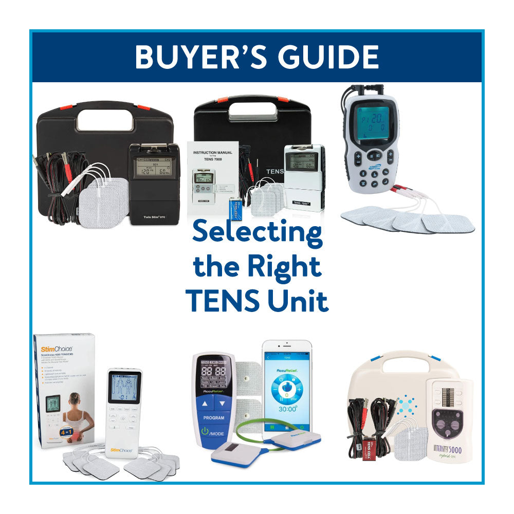 Various TENS units surrounded by a blue border with text “Buyer’s Guide: Selecting the Right TENS Unit”
