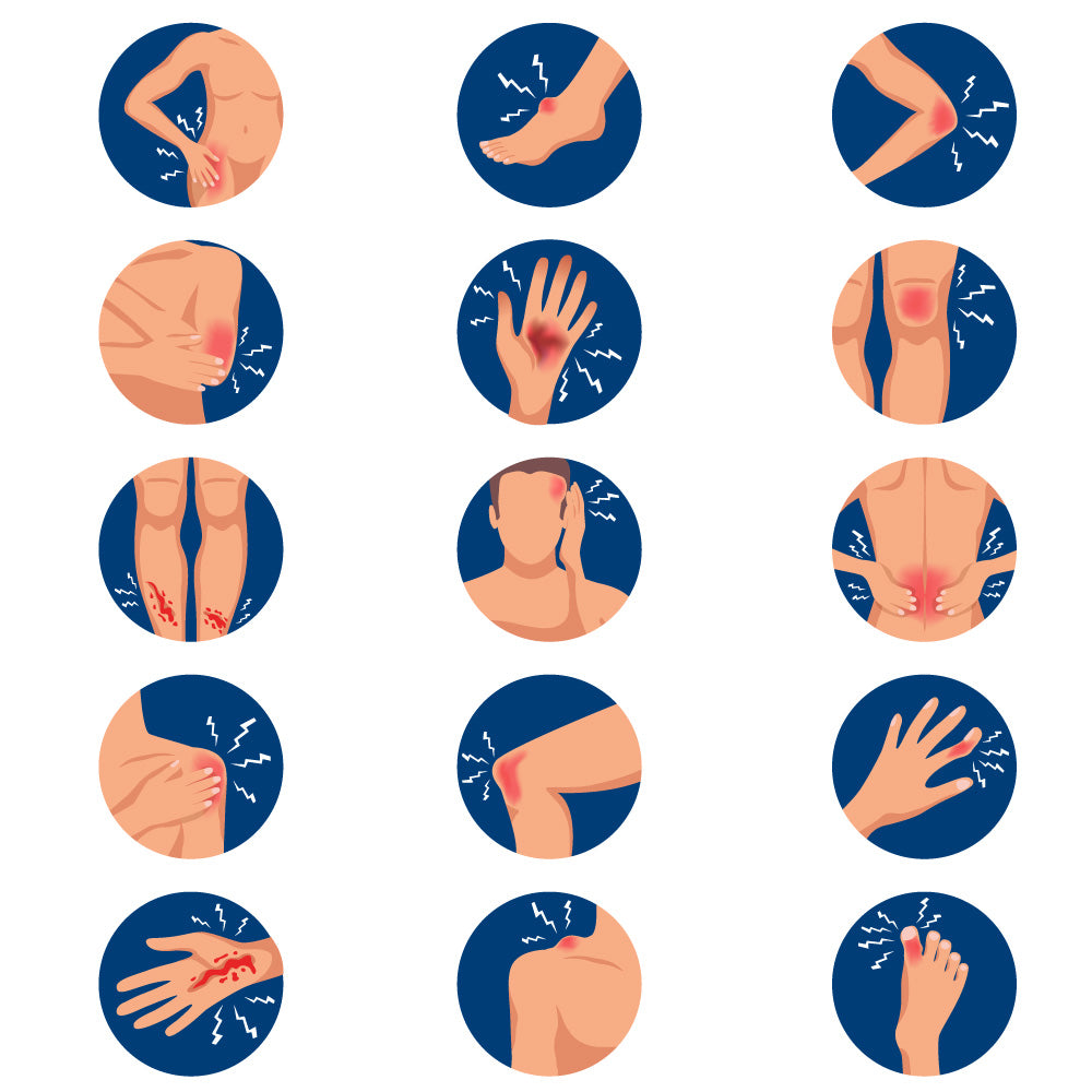 A graphic of various body parts injured