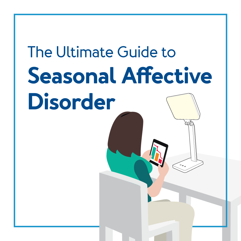 A graphic of a woman sitting in front of a therapy lamp. Text, “The Ultimate Guide to Seasonal Affective Disorder”