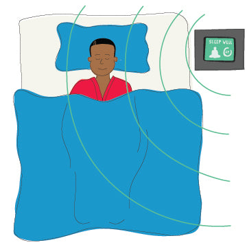A cartoon man sleeping in bed next to a machine playing meditation music