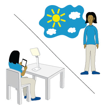 A cartoon graphic showing one woman outside and another in front of a therapy lamp
