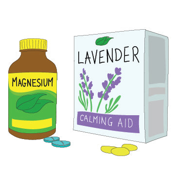 A cartoon of a bottle of magnesium and a box of lavender