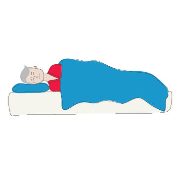 A cartoon man sleeping in bed on his side
