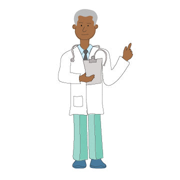 A cartoon doctor holding a clipboard