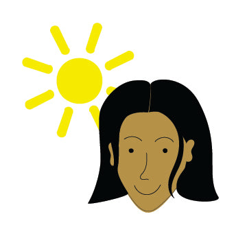 A cartoon woman smiling in front of a sun