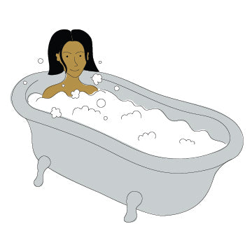 A cartoon woman in a bubble bath