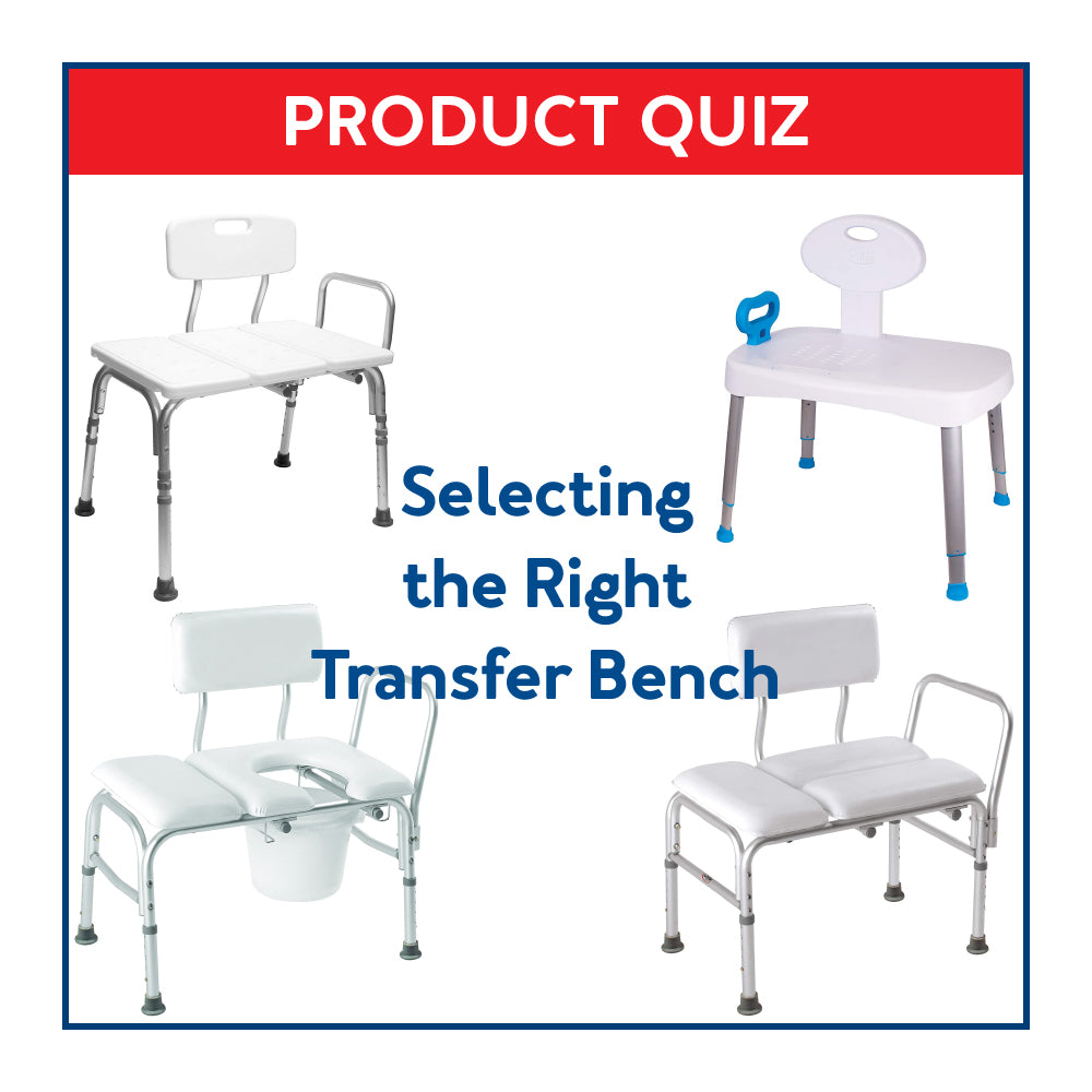 Various transfer benches with the text “Product Quiz: Selecting the Right Transfer Bench”