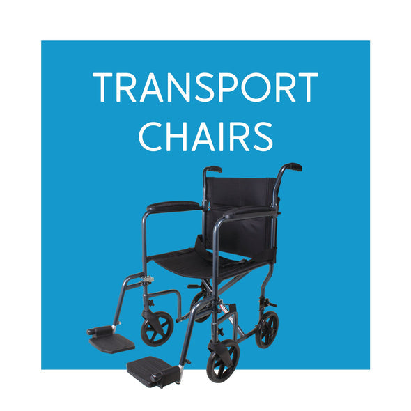 A blue background with white text Transport Chairs