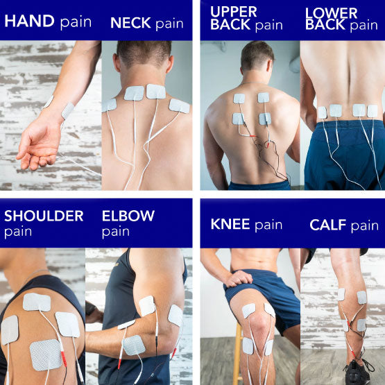 A collage of various electrode placements: hand, neck, back, shoulder, elbow, knee, and calf