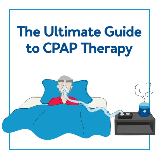 Cartoon of a man in bed with a CPAP machine with title 'The Ultimate Guide to CPAP Therapy