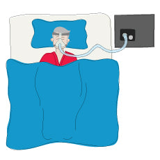 A cartoon of a man sleeping on his back with a CPAP mask on