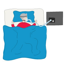 A cartoon of a man sleeping on his stomach with a CPAP mask on