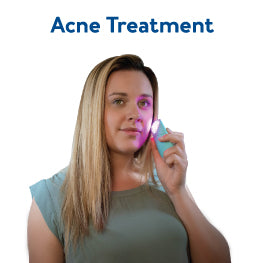 A woman using light therapy on acne. Text, “Acne Treatment”