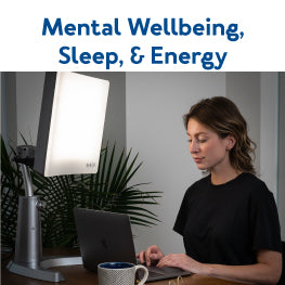 A woman in front of a therapy lamp. Text, “Mental Wellbeing, Sleep, & Energy”