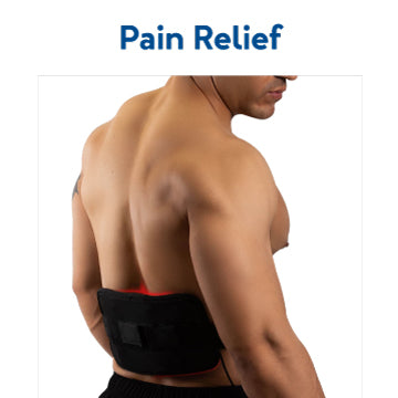 A man using a red light therapy device on his lower back. Text, “Pain Relief”