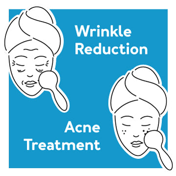 A graphic of faces using light therapy. Text, “Wrinkle Reduction” and “Acne Treatment”