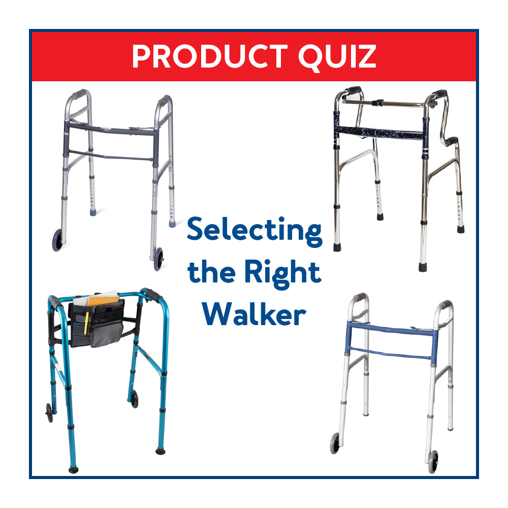 A Carex walker surrounded by a blue border with text “Product Quiz: Selecting the Right Walker”