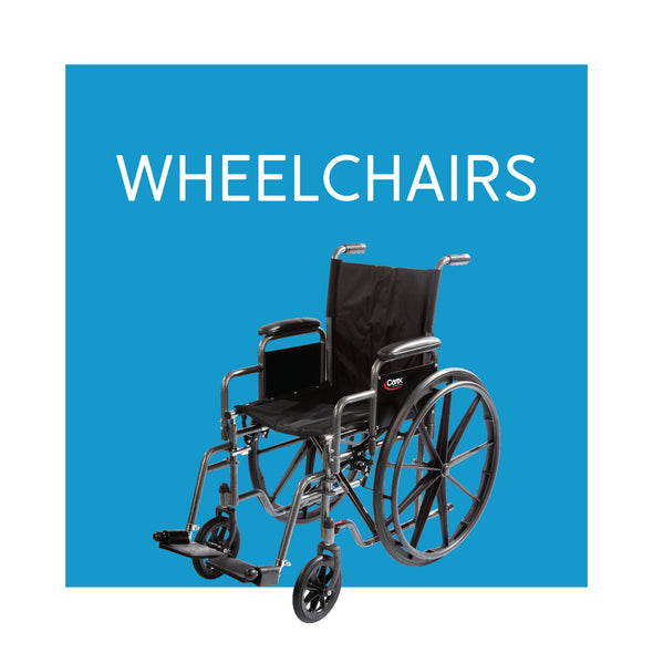 A blue background with white text Wheelchairs