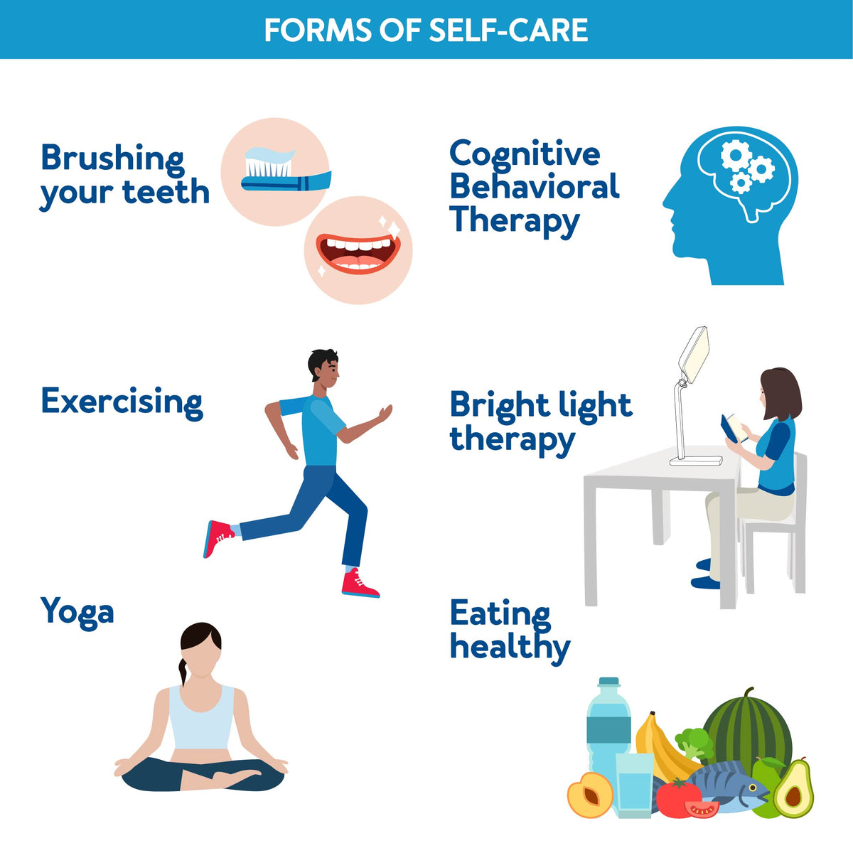 Forms of Self-Care: Brushing Your Teeth, Exercising, Yoga, Cognitive Behavioral Therapy, Bright Light Therapy, and Eating Healthy