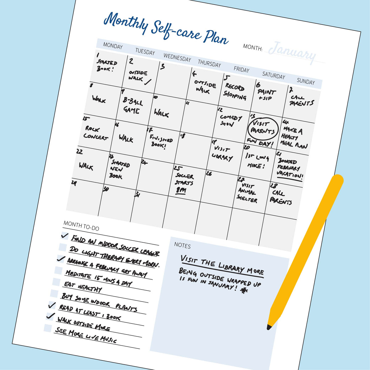 A graphic of a monthly self-care checklist