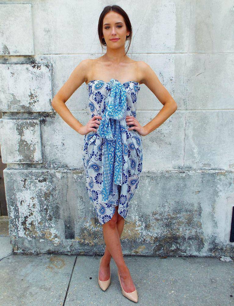 Woman wearing blue and white sarong