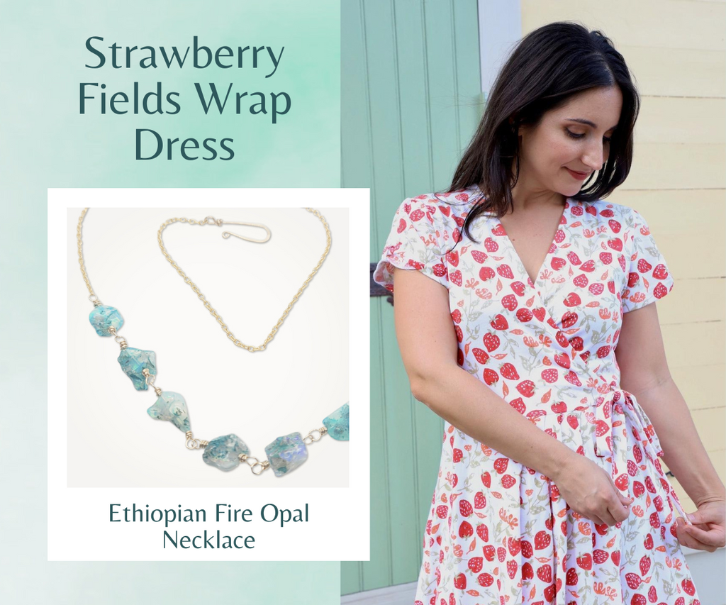 Strawberry Fields wrap dress paired with opal necklace