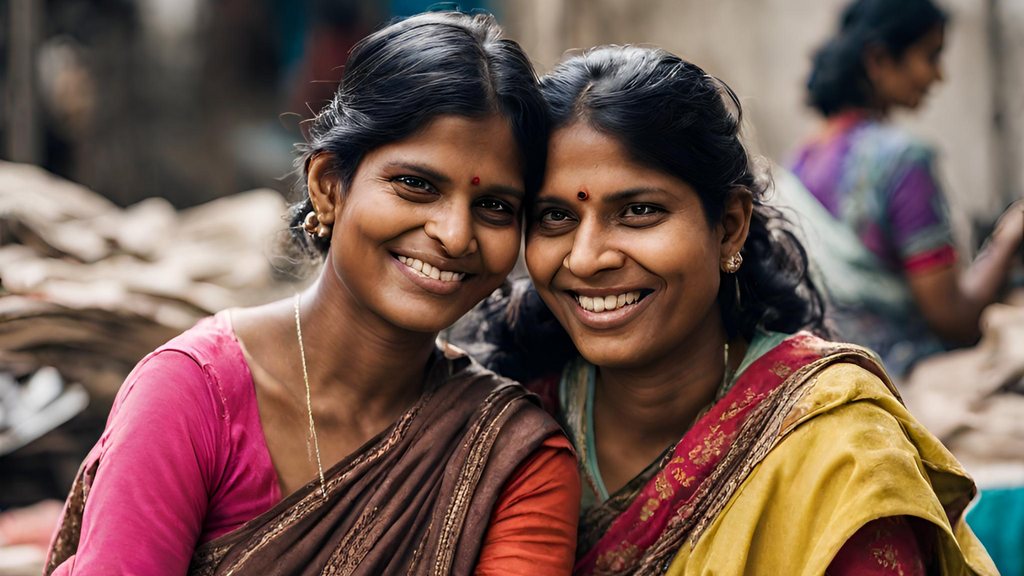 Two Indian woman outside of their Fair Trade workshop