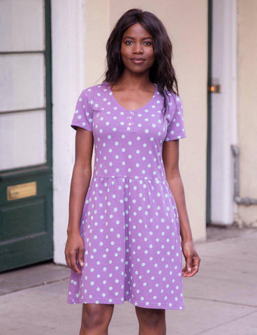 Purple dress with white polka dots