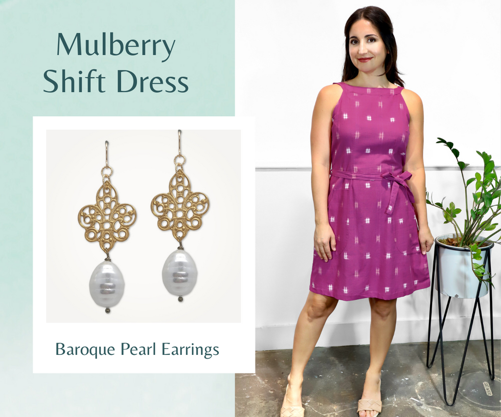 Mulberry Shift Dress and Pearl Earrings