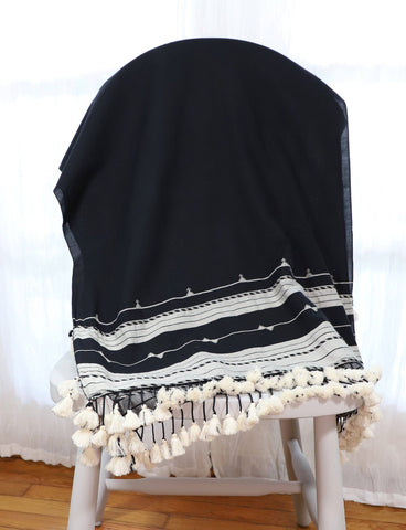 Black Kutch scarf with ivory tassels and details