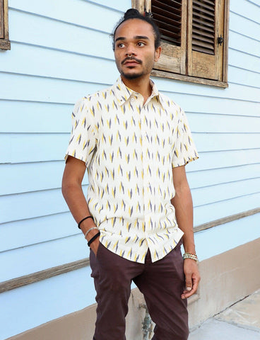 Man wearing ikat button down shirt