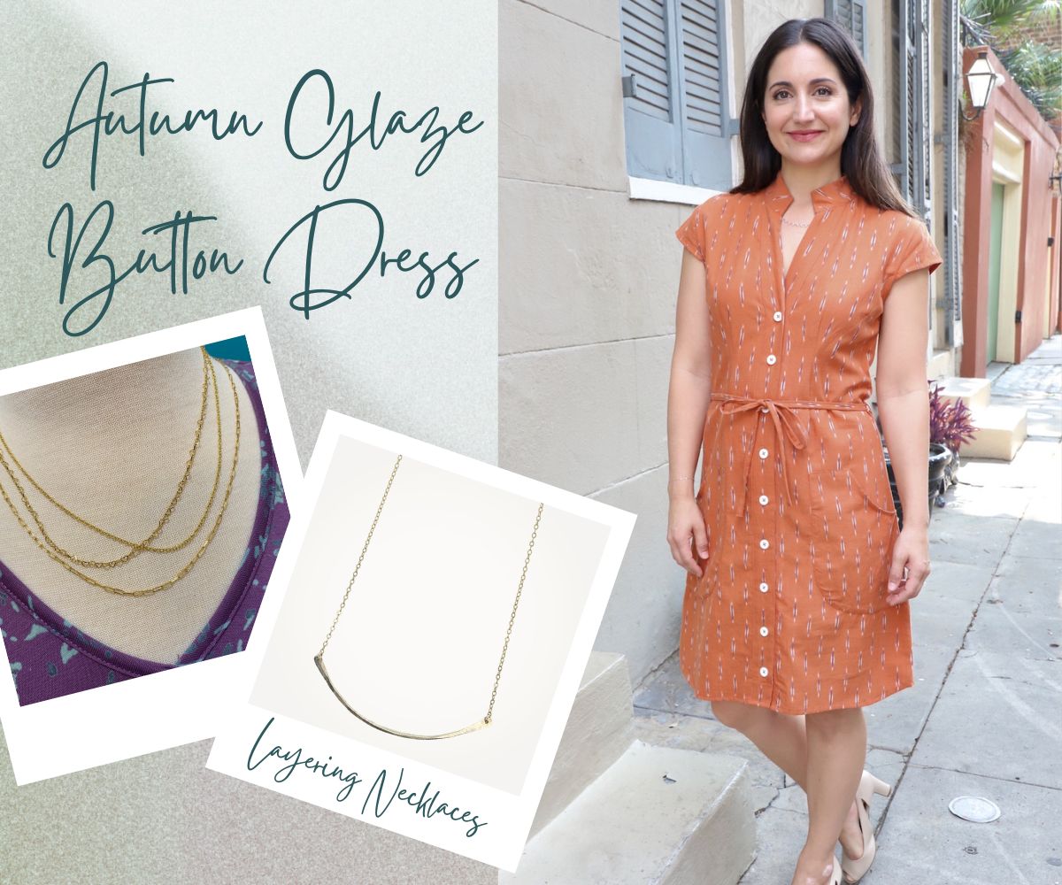 Autumn Glaze Dress and gold layering necklaces